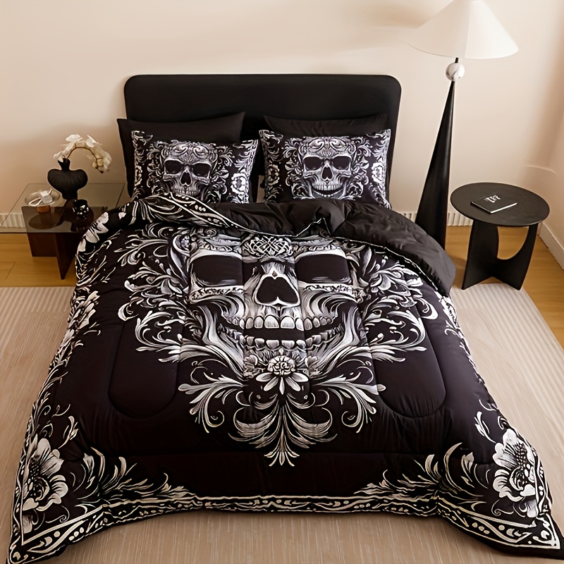 TEMU 2d Flat 3pcs Black White Patterned Baroque Gothic Retro Style Thickened Quilt Set (1 Quilt + 2 Pillowcases, Pillow Inserts Not Included) With