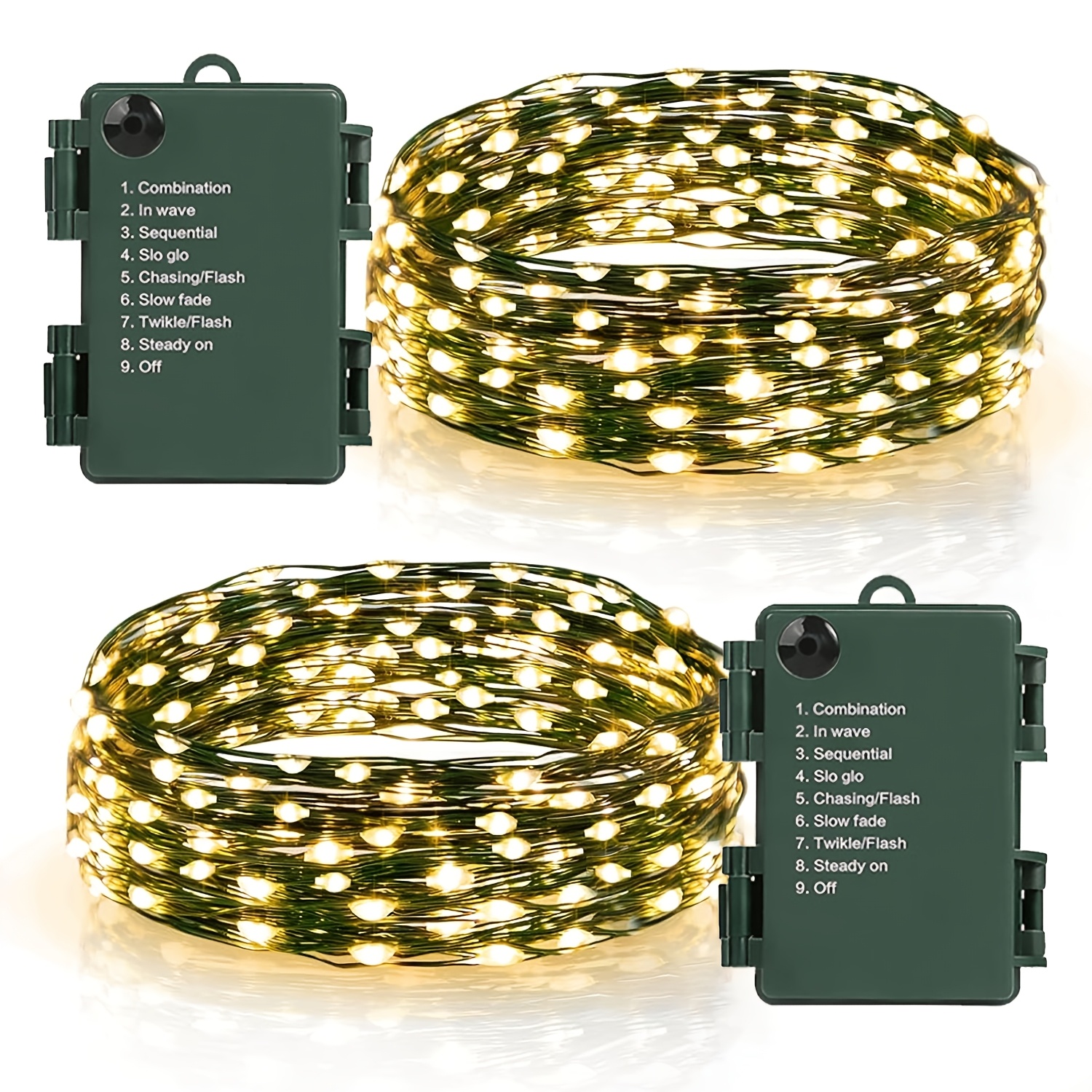 TEMU 2 stuks op batterijen werkende LED-snoerlichtjes, donkergroene draad, voor buiten, IPX6, kerstverlichting op batterijen, 8 , lichtslingers voor