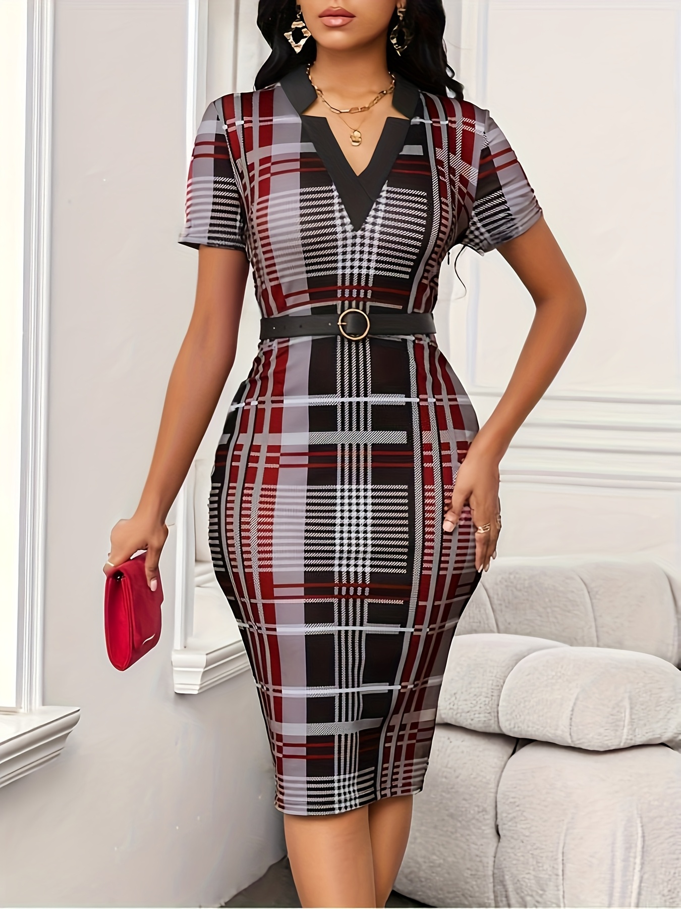 checked bodycon dress One Shoulder Midi Dress With Bow Accent In Black, Black / Regular / 0 main image 1