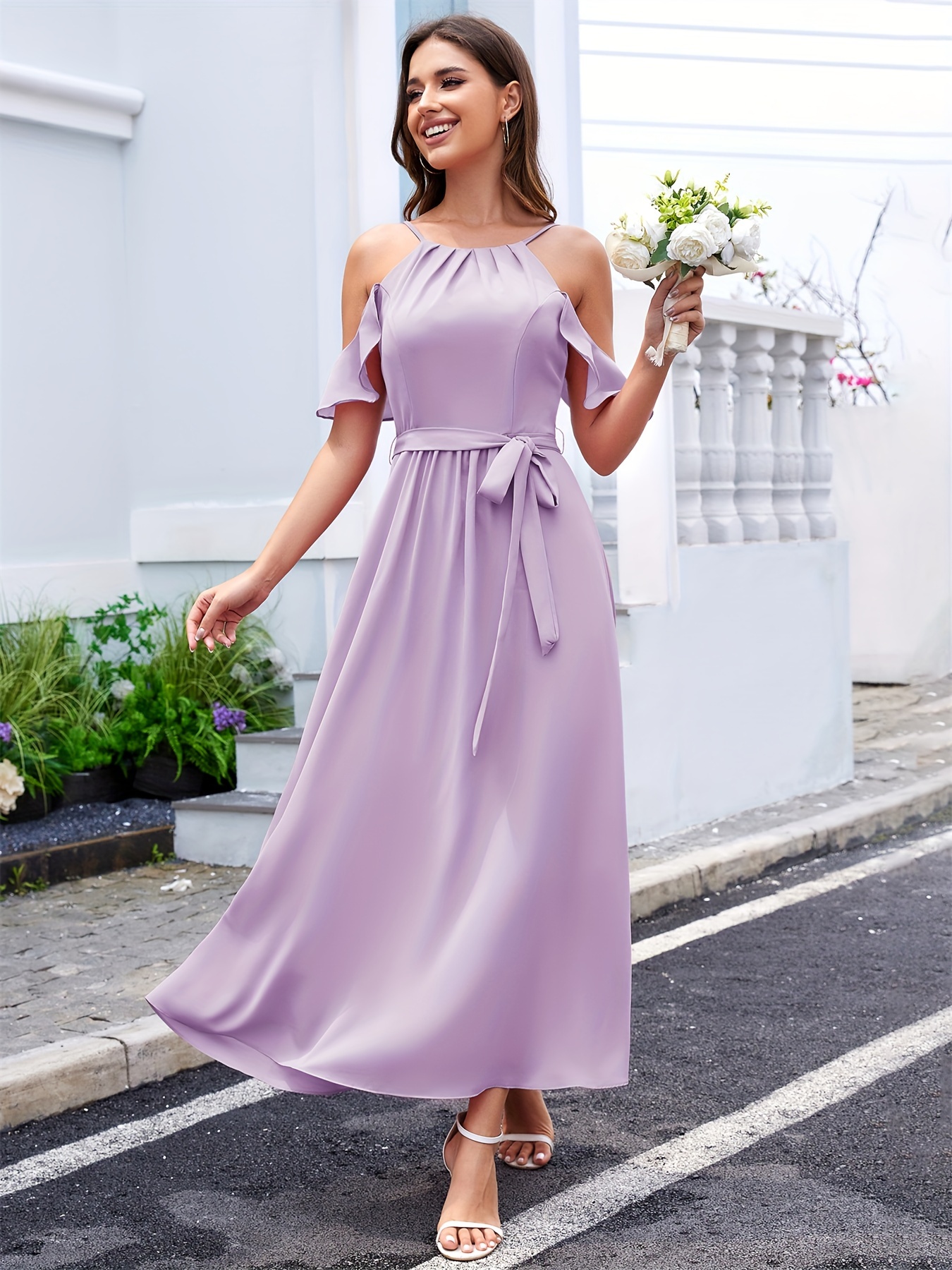 Women V Neck Wrap Ruffle Dress Chiffon High-Low Midi Dress Summer Casual  Flowy Maxi Dress Formal Wedding Guest Dress