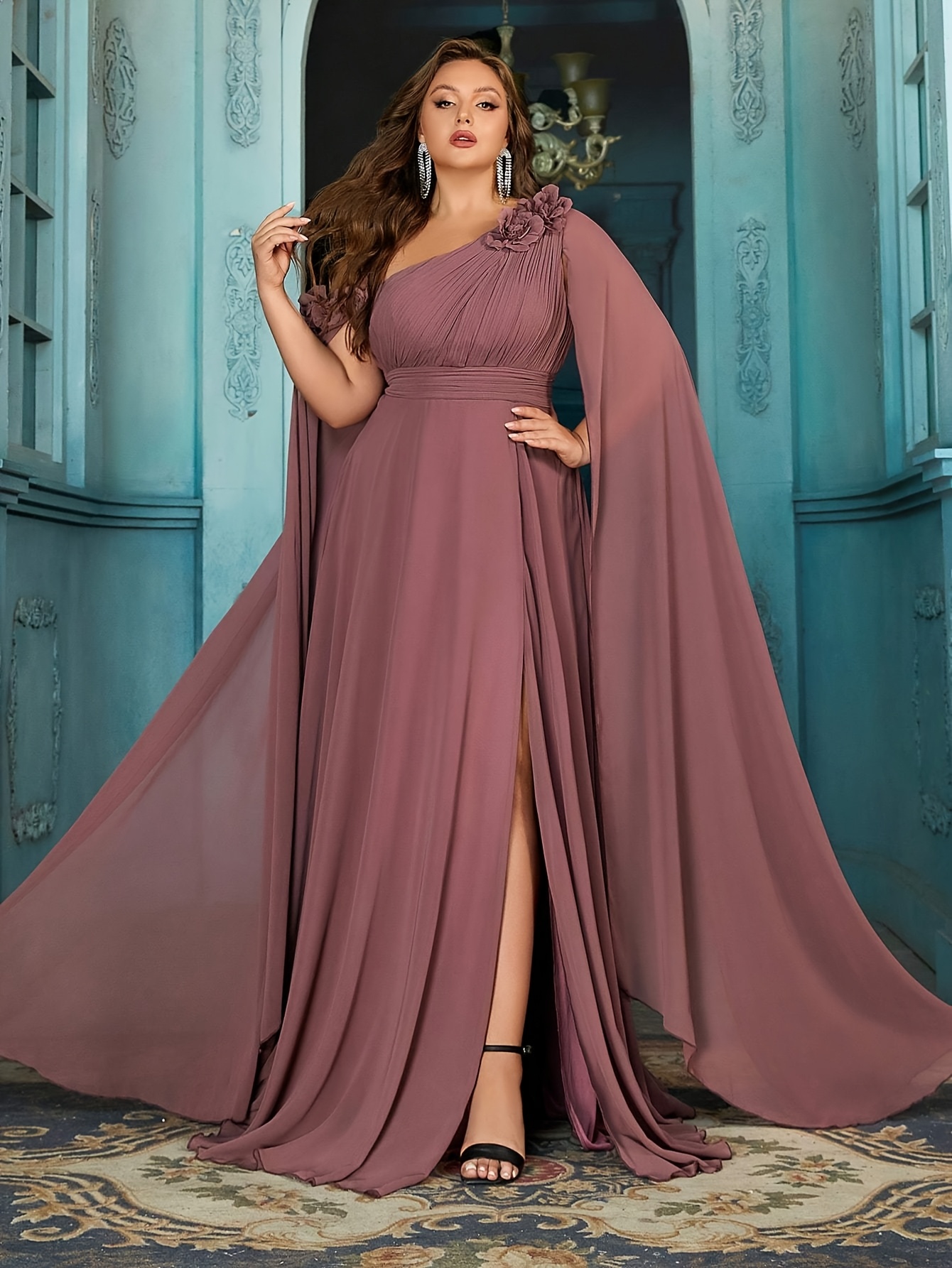 open lace back dress One Shoulder Very Long Sleeve Chiffon Evening Dress – Plus Size Dress – The  Black Friesian main image 1