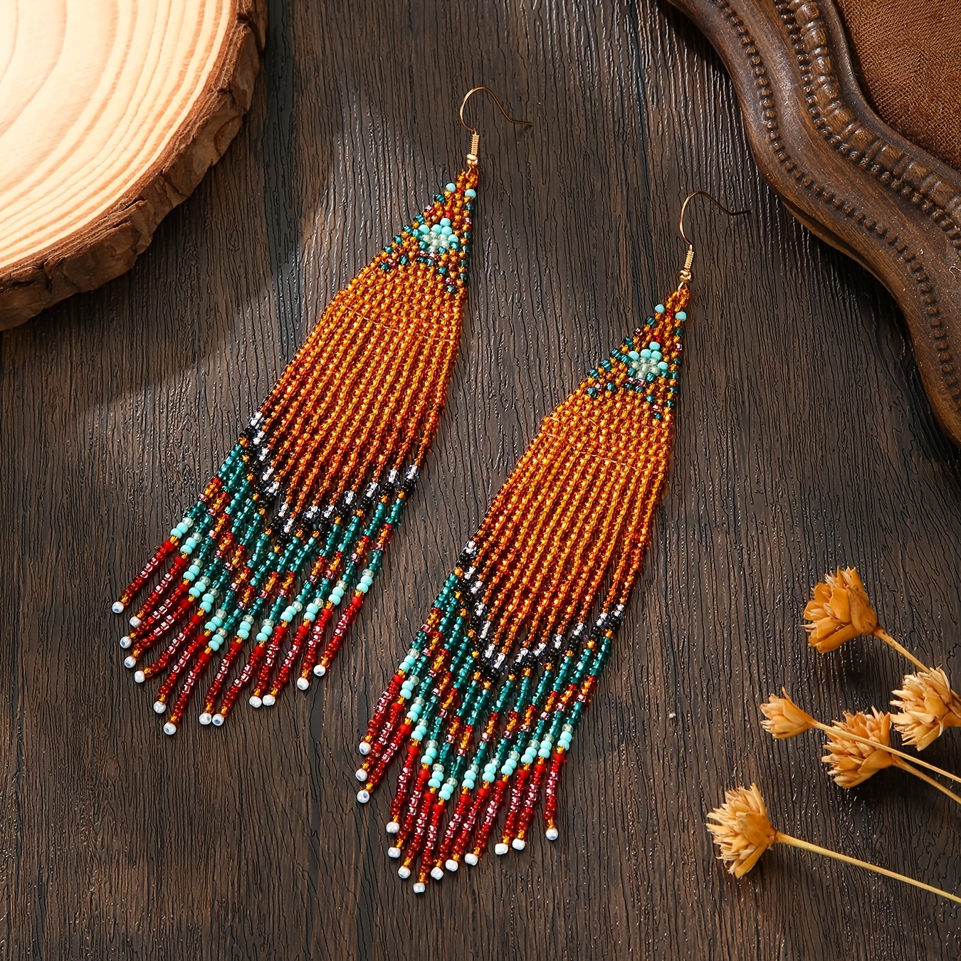 TEMU Bohemian Style Handmade Beaded Red And Orange Contrast Color Seed Bead Tassel Earrings, Long Drop Earrings For Women