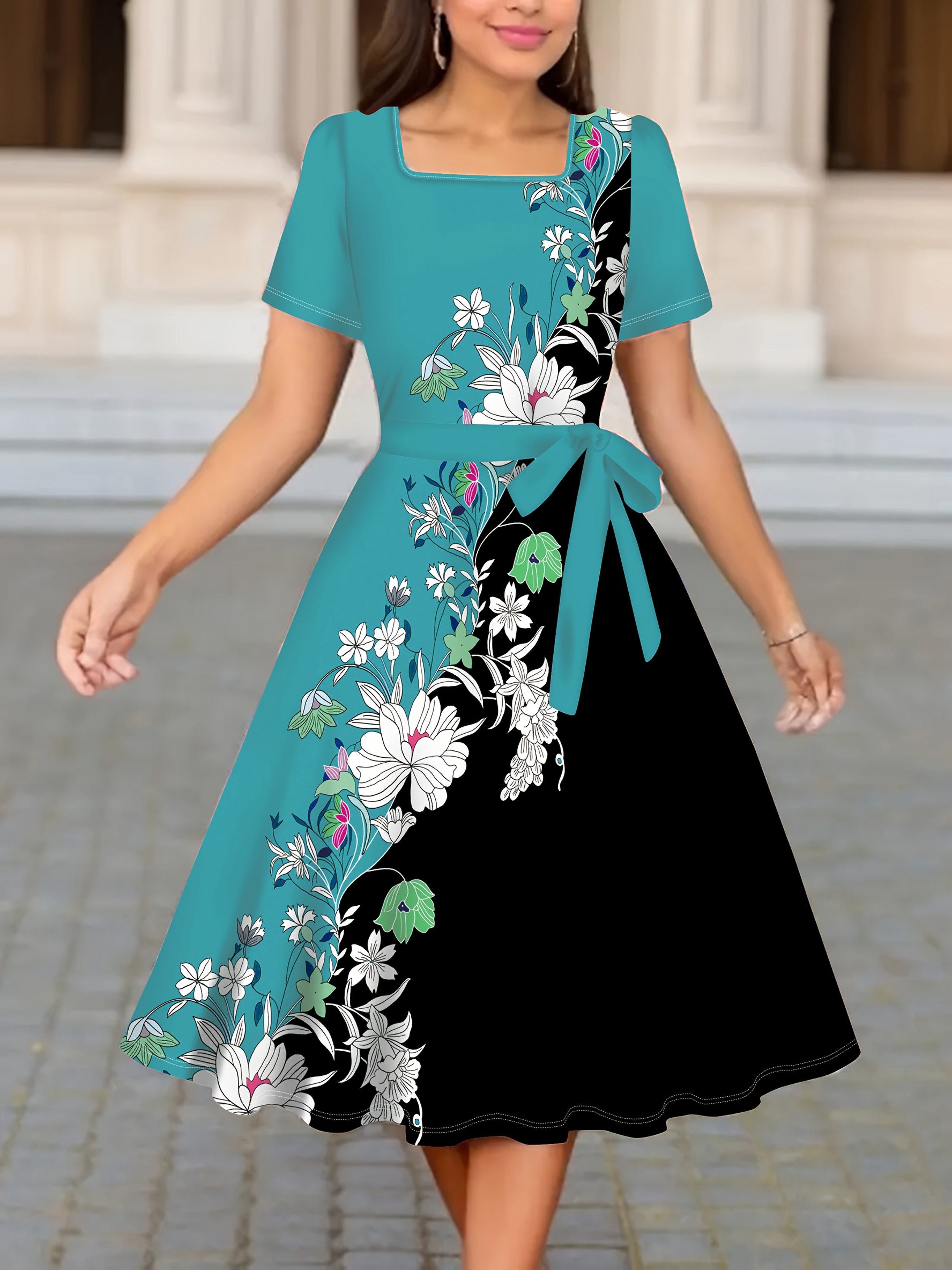 womens elegant floral neck dress teal black Temu United Arab