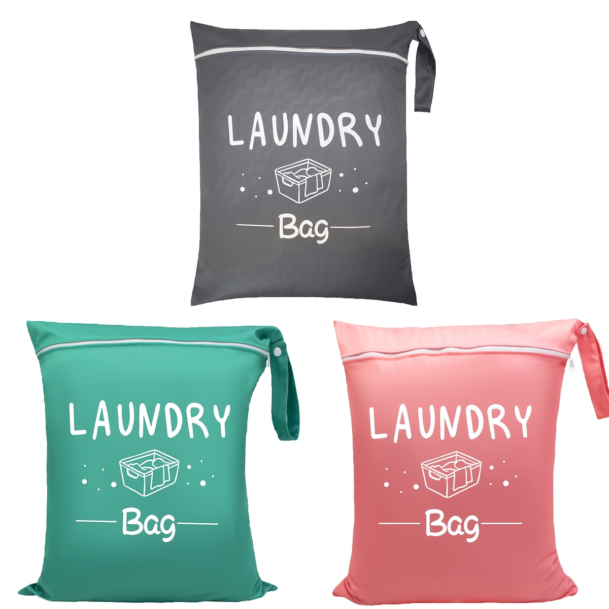 

3pcs Large Waterproof Laundry Bags - 100% Polyester, Adjustable & Washable, Ideal For Travel, Sports, Yoga, Gym - Vibrant Colors With "laundry" Print