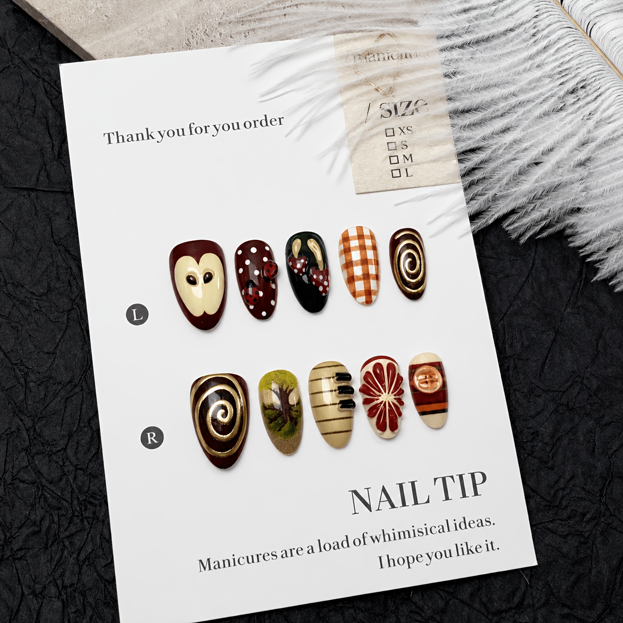 TEMU 10pcs Almond Press On Nails, Autumn Forest Retro Fake Nails With Ladybug, Check, 3d Flower, And Decorations, Cute Vintage Reusable False Nails