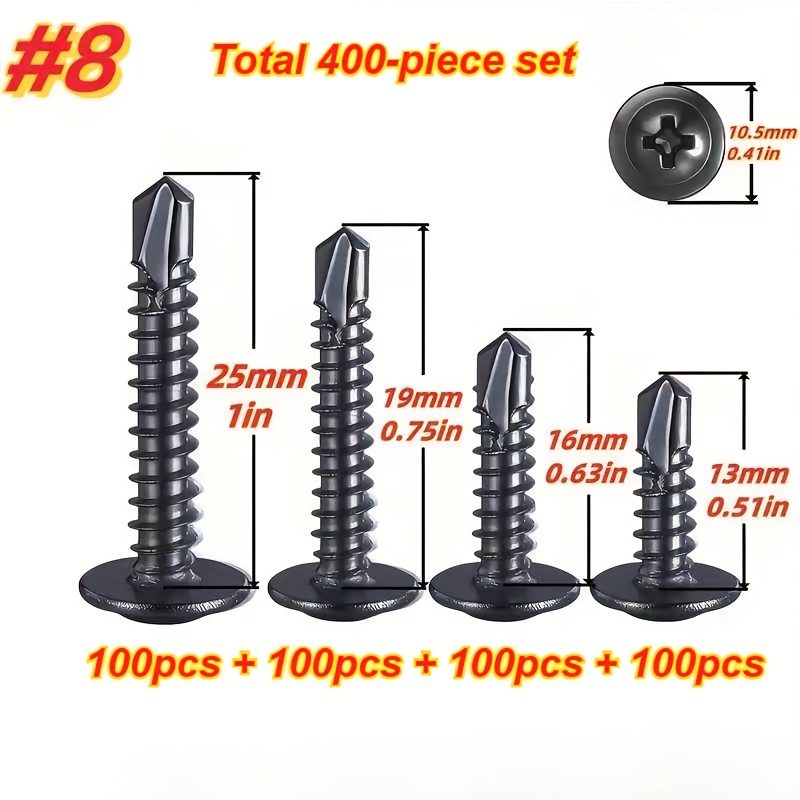 Image of 400/100 Pack #8 Black Self-drilling Tek Self-tapping Screws, Lightning Tail Self-tapping Screws, Wass Drill Tail Screws, Carbon Steel Fasteners, Length (13/16/19/25mm)