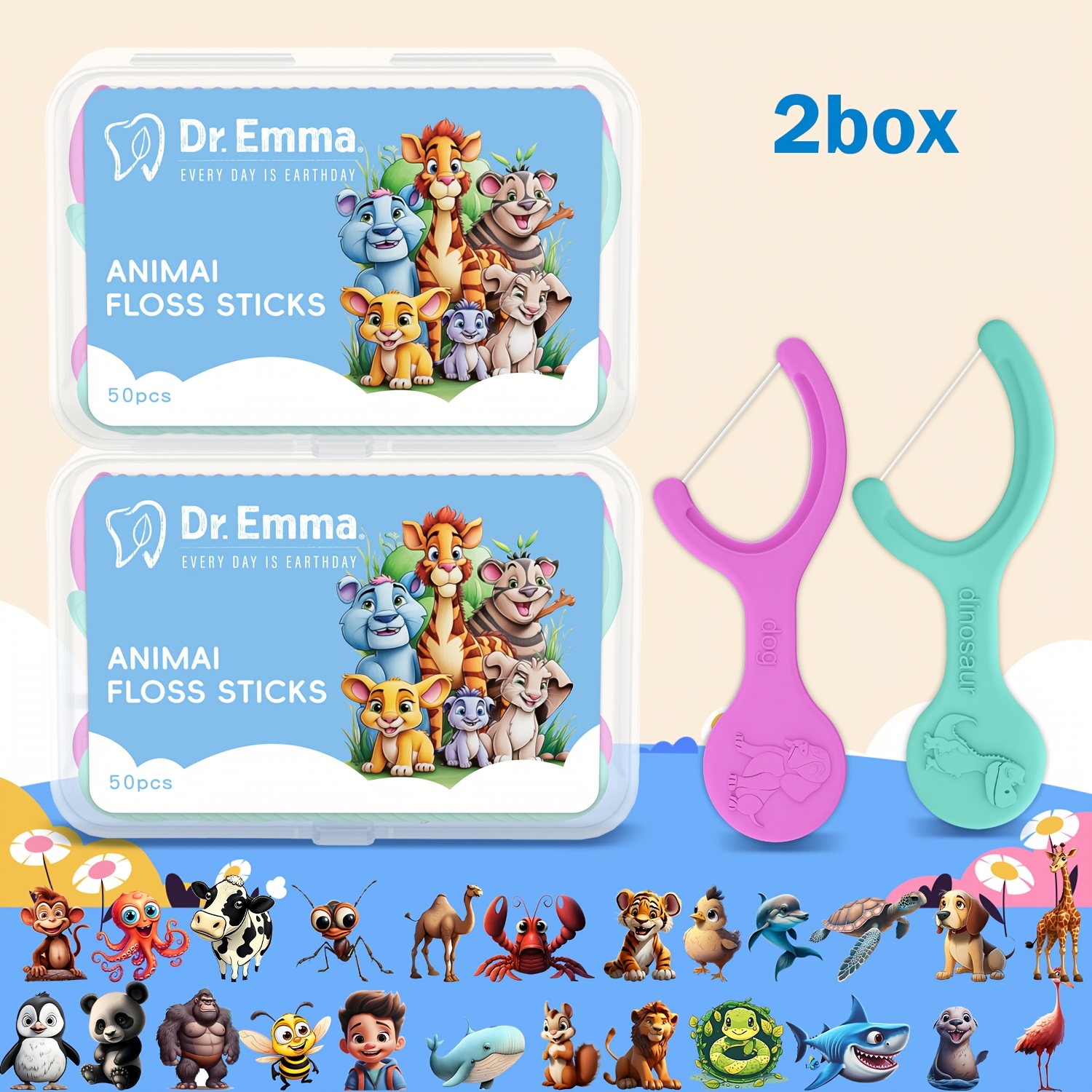 Image of 100pcs Cute Floss Picks For, 24 Animal Prints Non-slip Ribbed Design, Anti-slip And -resistant, Ideal 3+, Dr.