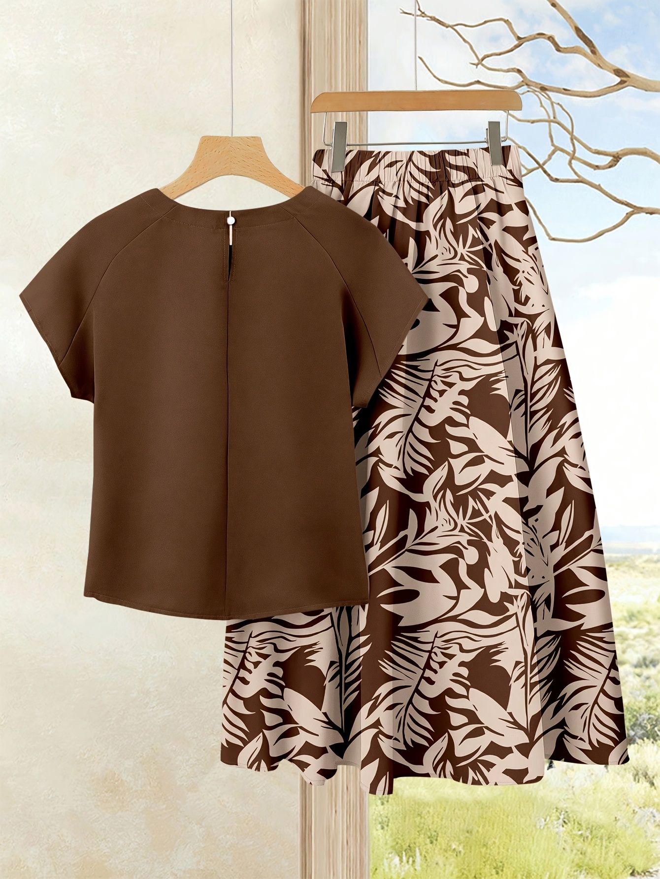 womens 2pcs vacation casual set solid color top printed skirt
