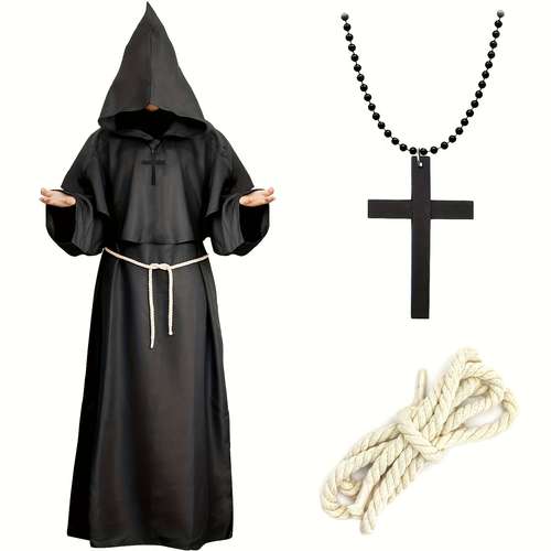 Kids Renaissance Monk Costume - Medieval Priest Robe With Hood, Necklace & Belt For Cosplay
