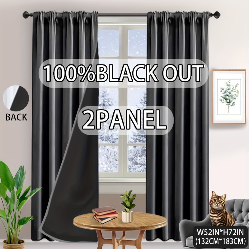 TEMU 2 Panels, 100% Blackout, Thermal Insulation, Privacy, And Noise-reducing Curtains. Made Of Solid-color Polyester With Laminated Lining,
