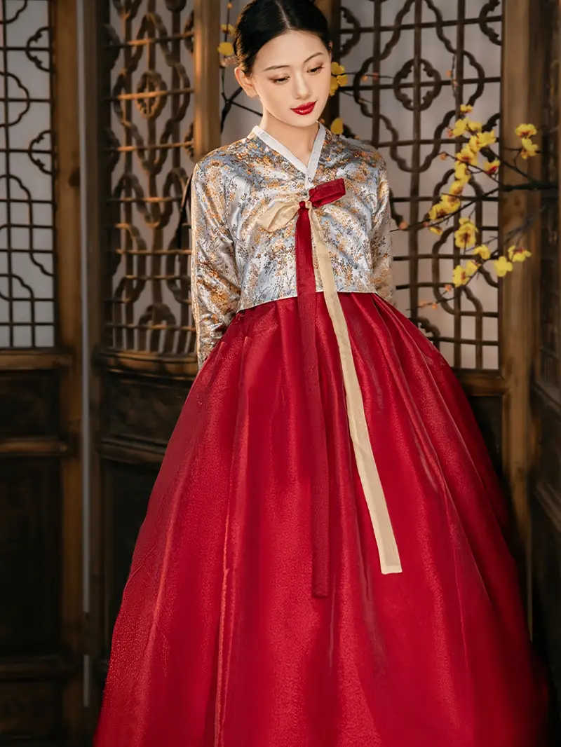korean traditional formal dress Red Princess Hanbok Wedding Dress Traditional Korean Palace Style B Only (hairpin + bud) / one size fits all