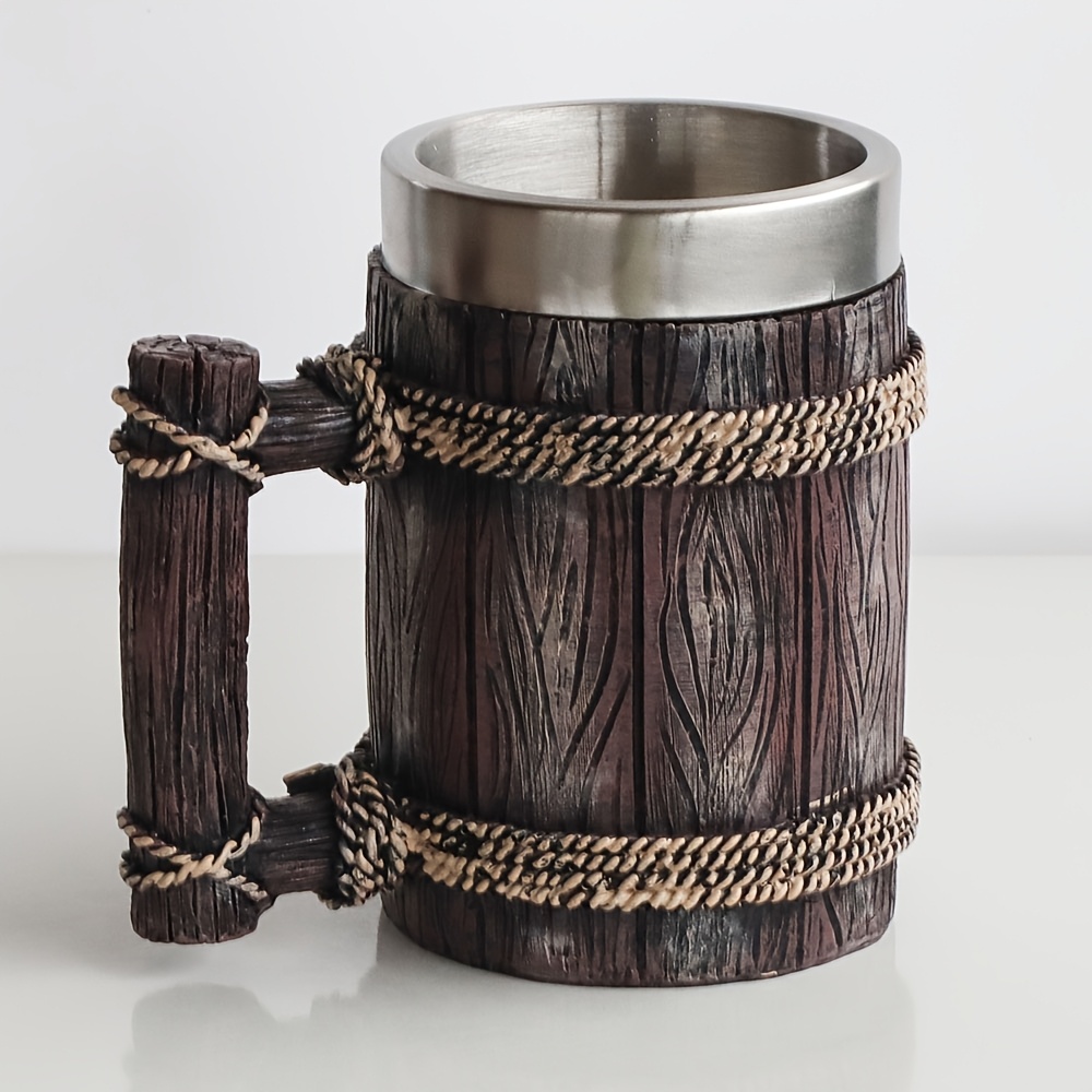TEMU 1pc Wood Grain Beer Mug, Creative Stainless Steel Mug, Large Capacity Coffee Cup, Suitable For Mechanics And Engineers - Creative Gift For Men,