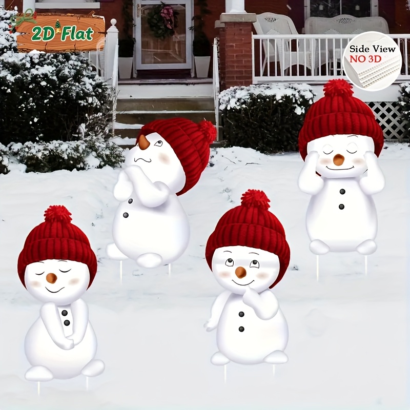 TEMU 2d Flat, 4pcs Plastic Christmas Garden Decorative Stake, Outdoor Christmas Holiday Outdoor Decorations - Snowman Yard Signs With Stakes, Garden,