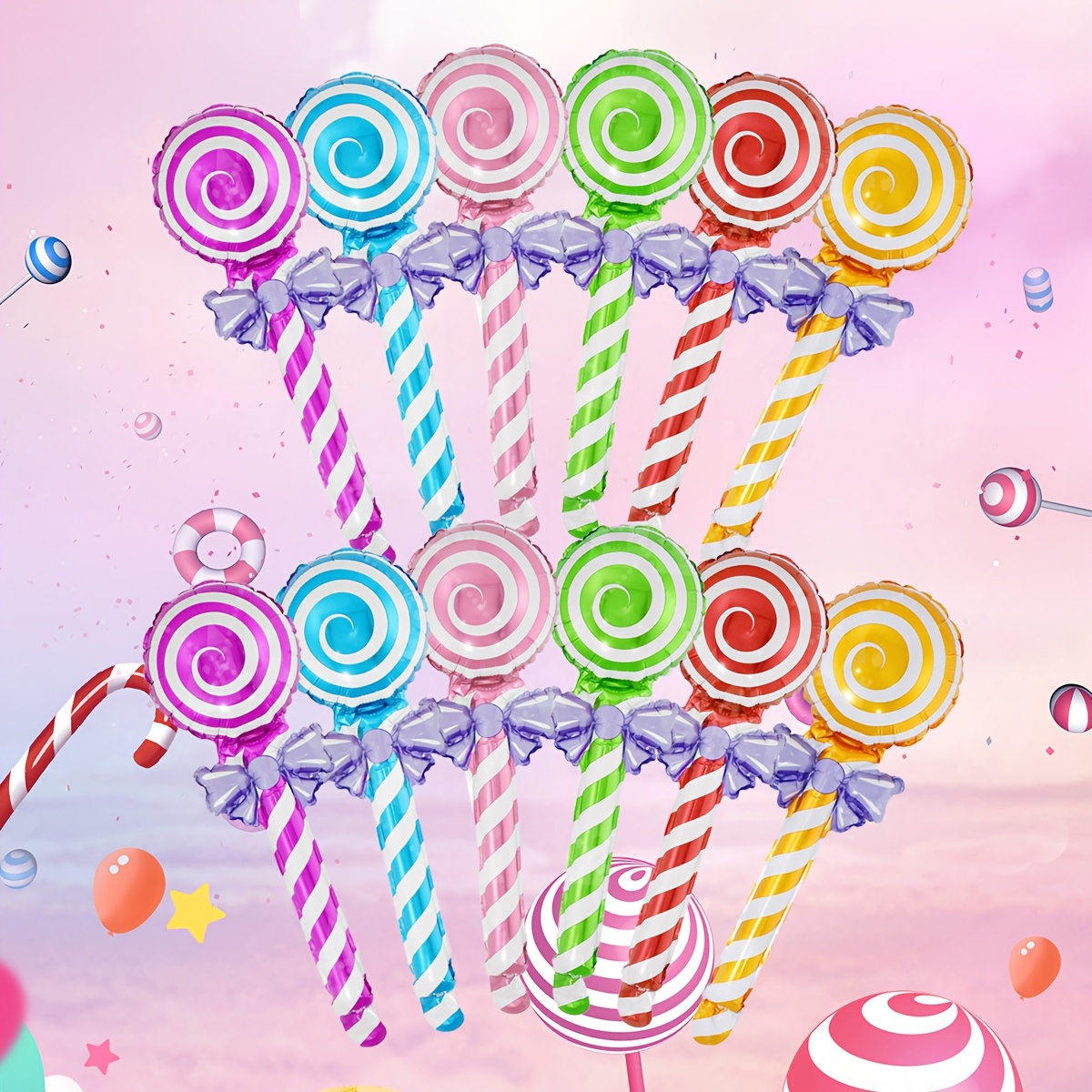 Image of 12pcs/set, Lollipop Shape Foil Balloons Set, Birthday Candy Stick Air Balloons, Birthday Party Decorations Kids, Children's Inflatable Toys, Children's Party Supplies, For Halloween, Christmas