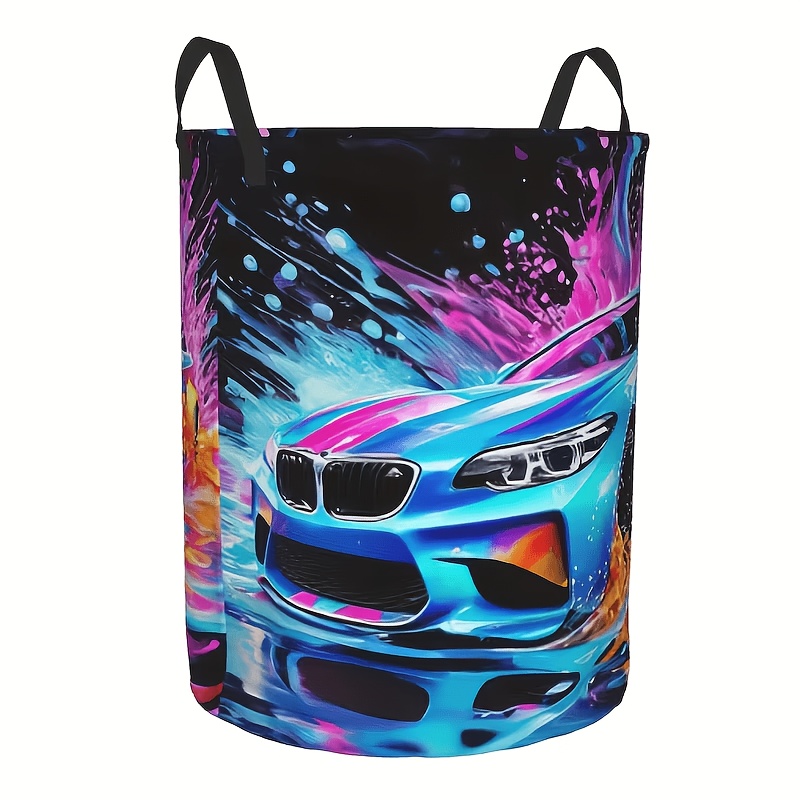 TEMU Panier à linge 1 pièce pliable sur le thème de la voiture avec poignée robuste - Panier à vêtements rond et portable adapté pour de bain, le