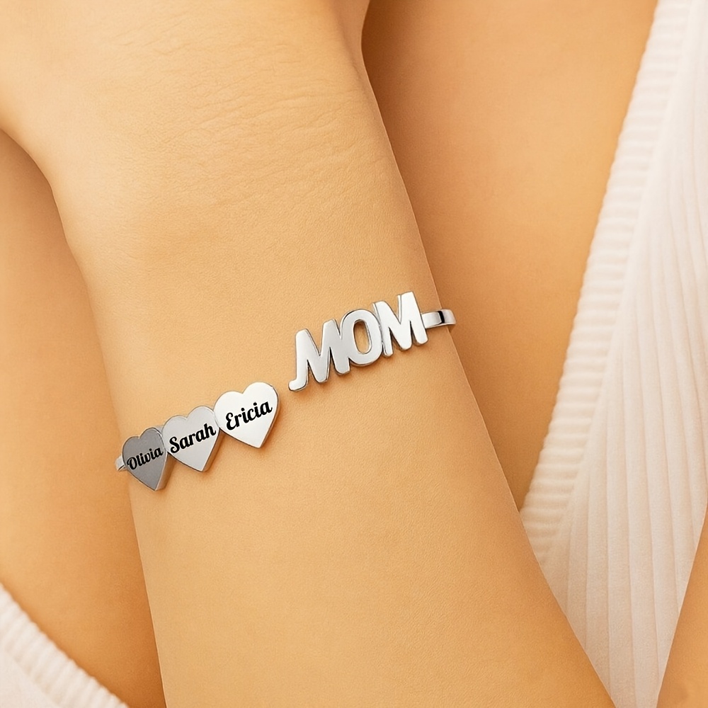 TEMU Bracelets personnalisables avec 1 à 5 , bracelets personnalisés avec plaque de nom de famille, bracelets MOM en acier inoxydable, bracelets cœur