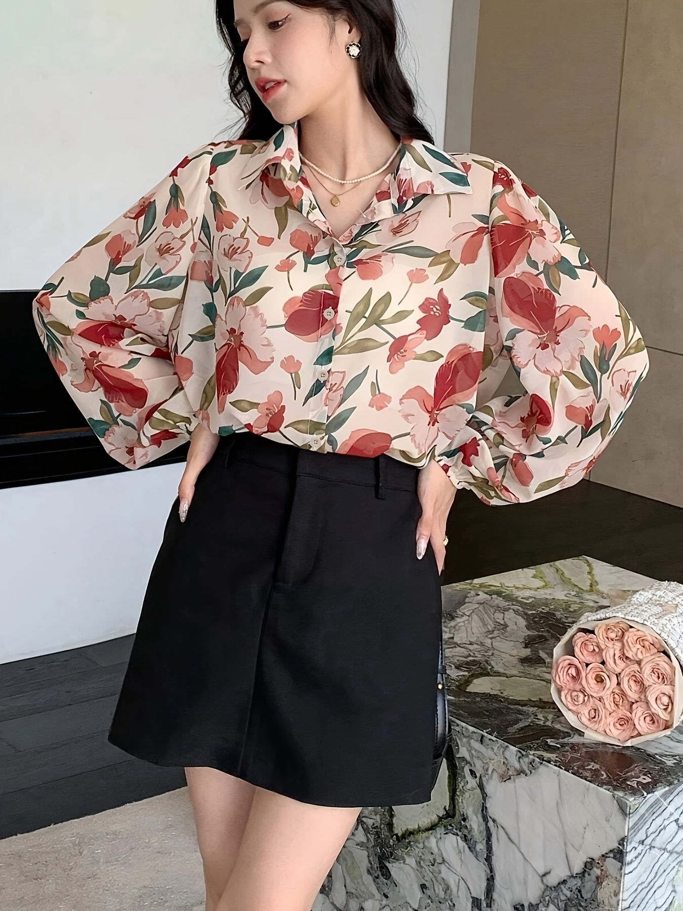 womens floral print long sleeve blouse elegant loose fit Temu