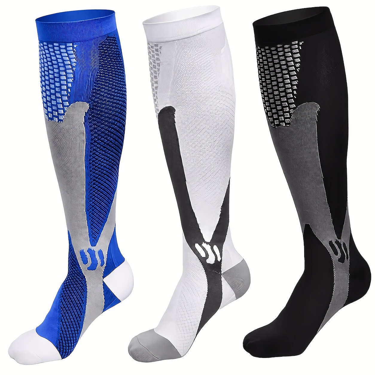TEMU 3 Paires de Chaussettes de Compression Unisexes, Chaussettes de Soutien Sportif avec Motif Géométrique, Chaussettes de Randonnée, Équipement de