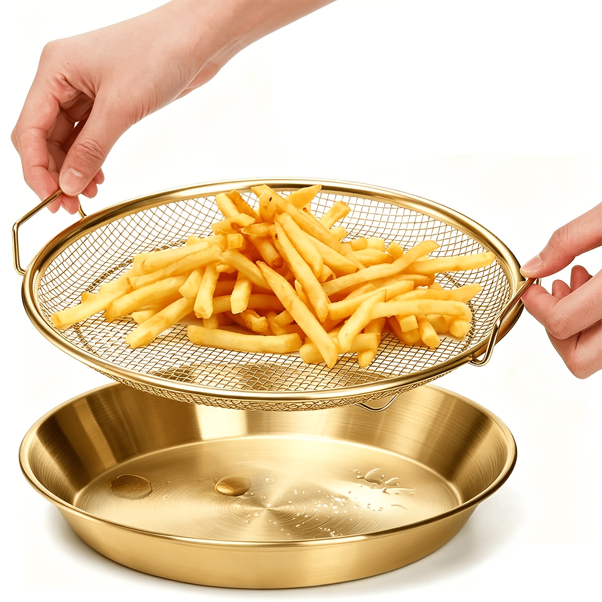TEMU Brand New Gold-plated Single-serving Heavy-duty Stainless Steel Deep Fryer Rack And Tray â Stackable Round Metal Mesh Basket With Drain Tray,