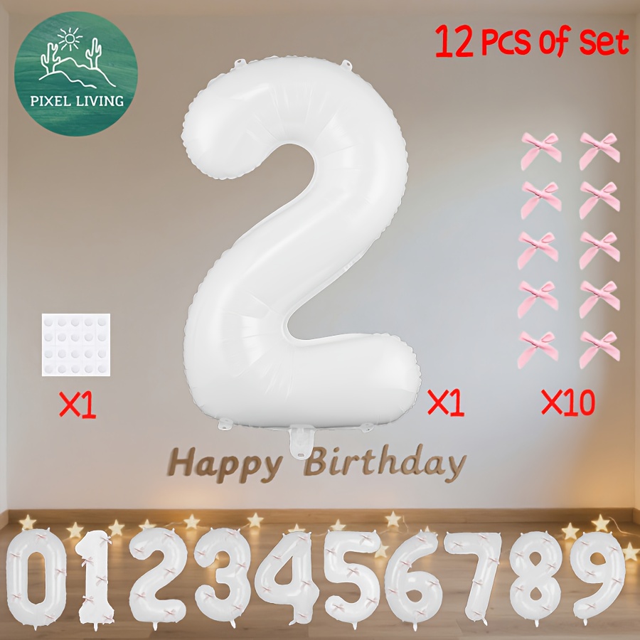 Pixelliving 12pcs 0-9 Number White Balloon Set, Large 32-inch Foil Balloons With Bow Decorations, Suitable For Birthday Parties, Weddings, Engagements, And Anniversaries