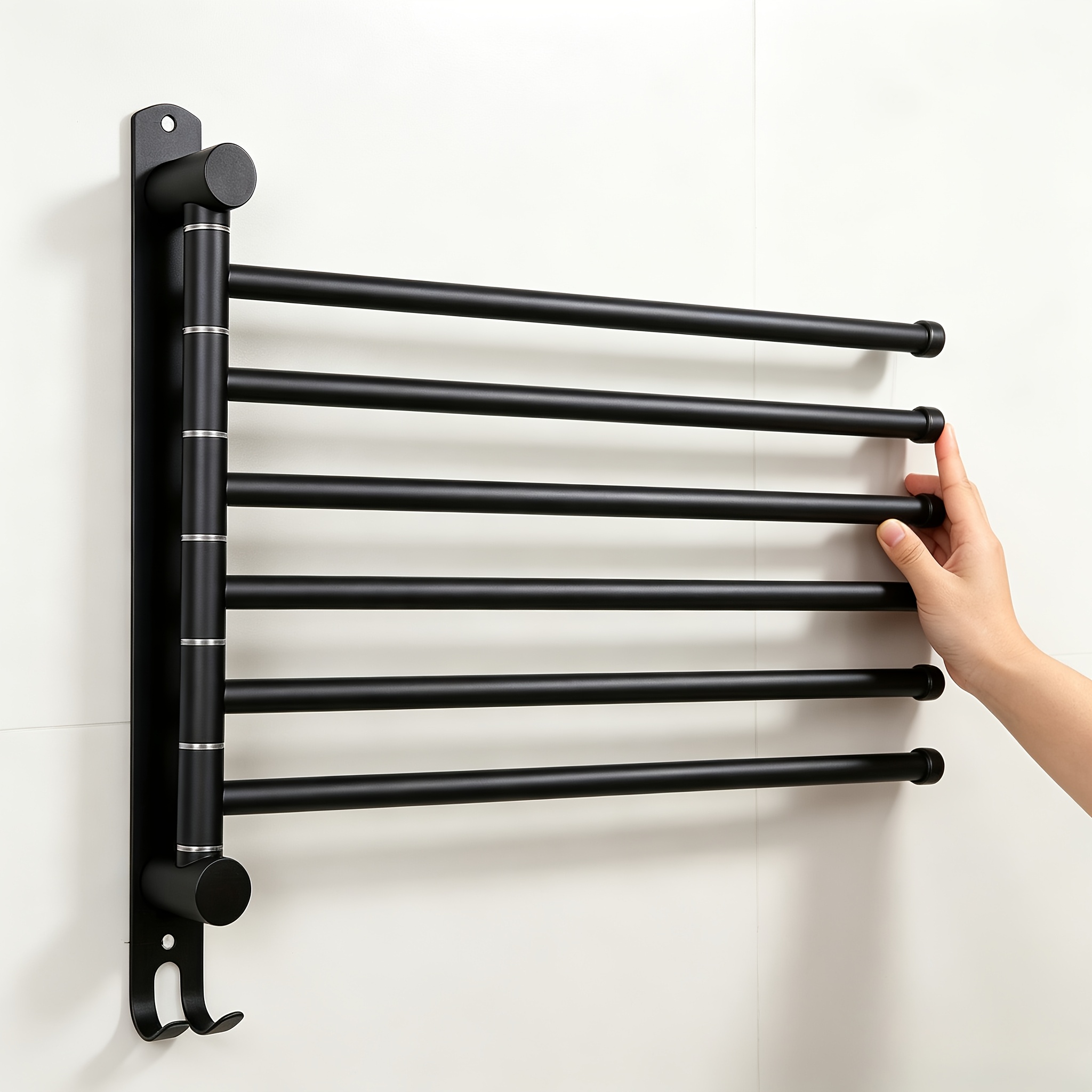 Image of 1 Clothes Drying Rack - Rotating Towel Rack With Hooks: Wall-mounted Hanger For Space Saving - Storage Organizer For , 180° Rotatable Rack, Matte Black, Drying Racks