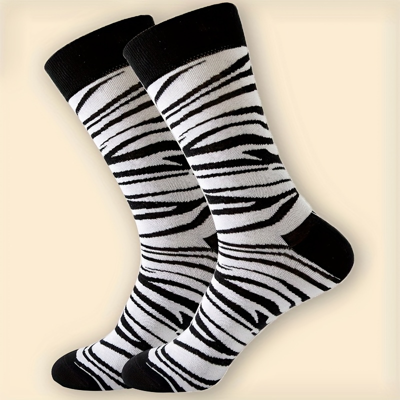 TEMU 1 Pair Men's Mid-calf Socks, Black And White Contrast Zebra Pattern Trendy Creative Individual Fashion High Aesthetic Men's Socks, Spring Autumn