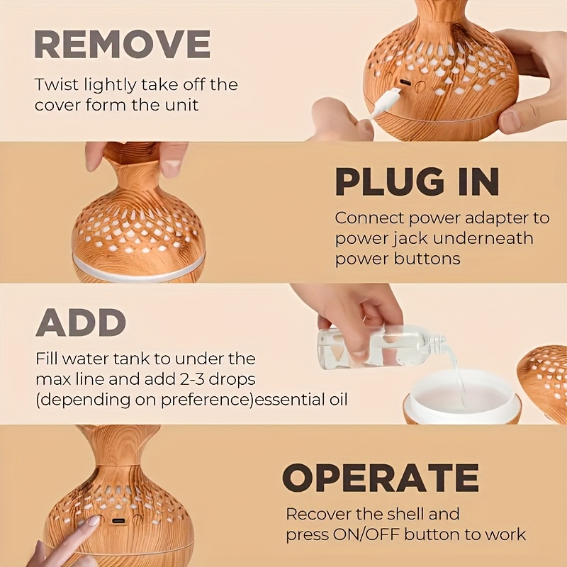Diffuzor de Aromaterapie Elegant din Lemn cu Iluminare Ambientală LED în 7 Culori și 2 Moduri de Ceată - Design Compact Alimentat prin USB pentru Acasă, Birou, Mașină - Cadoul Perfect de Ziua Îndrăgostiților și Anul Nou, Umidificator Decorativ, Difuzor de Miros, Accesoriu Modern pentru Birou, Ceată de Înaltă Calitate
