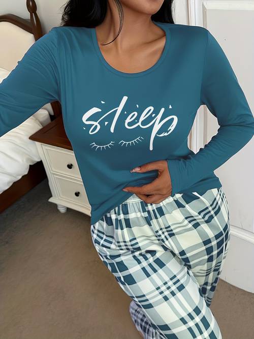 womens winter casual sleep letter print teal long sleeve and blue and white checkered pants pajama set