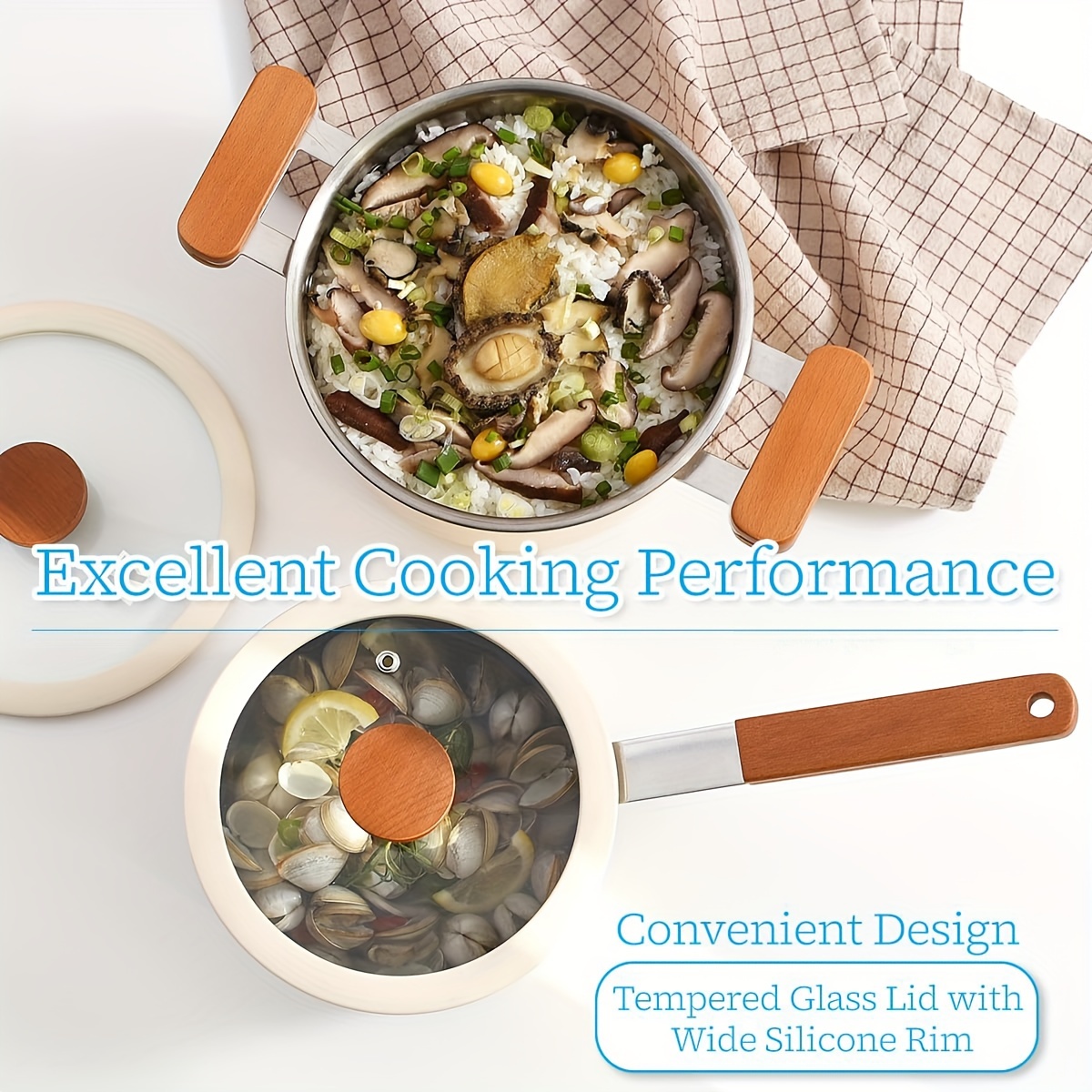 1 set high temperature ceramic paint stainless steel kitchenware set with tempered glass lid and wooden handle 3 layer aluminum core base suitable for all stoves beige sauce pot soup pot hot pot details 2