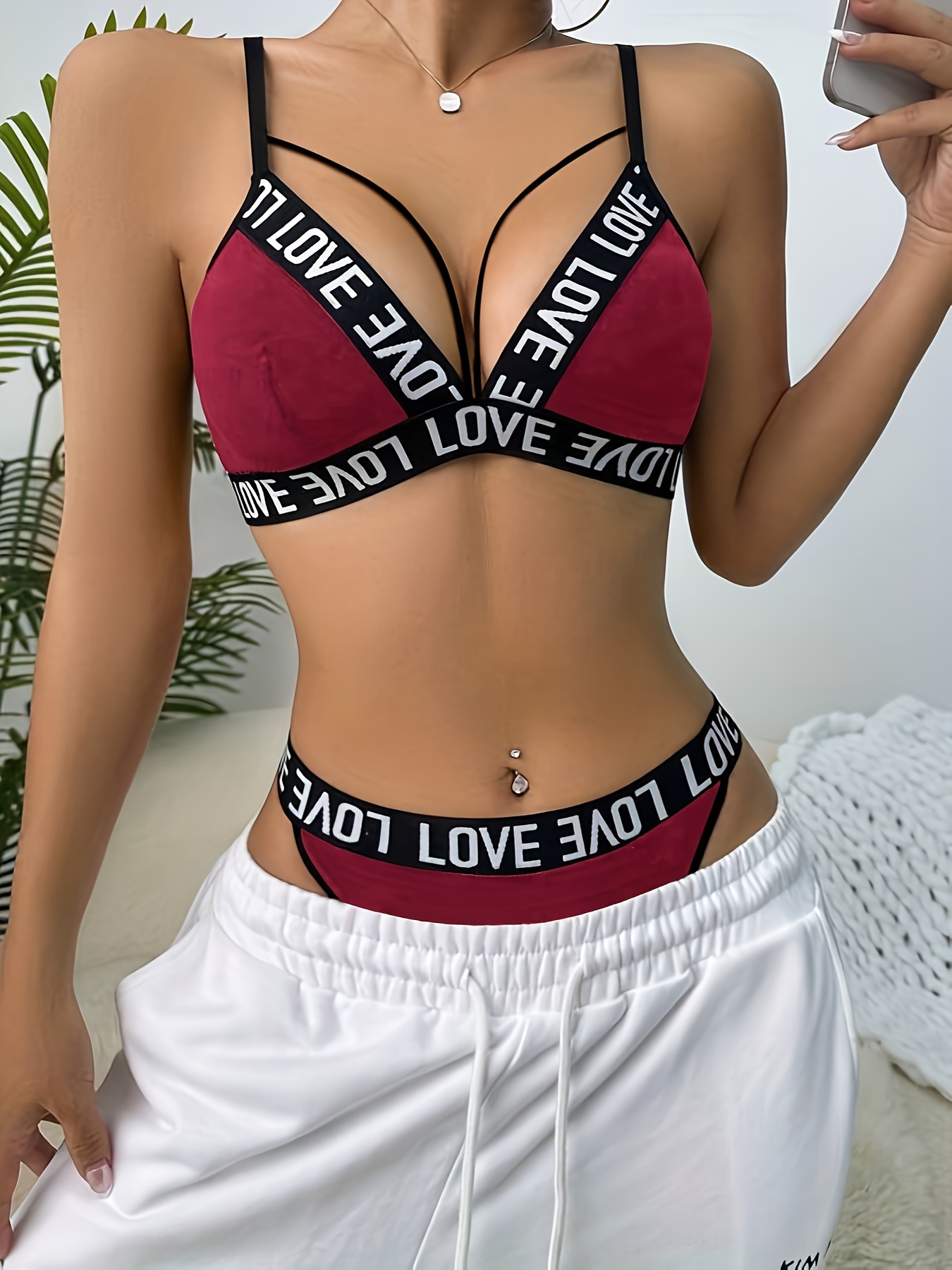 ensemble soutien gorge culotte a lanieres imprime lettres Temu France