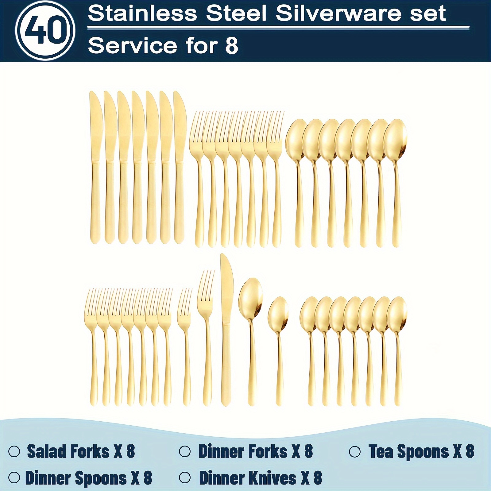 

40pcs Gold Silverware Set For 8, Gold Stainless Steel Tableware Set, Kitchen Appliance Set Includes Knives, Forks And Tables, Multiple Polished, Thickened Material, Dishwasher , Stainless And Reliable