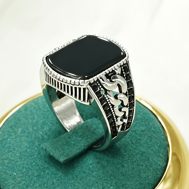 TEMU Chain Men's Ring - Copper Inlaid Synthetic Obsidian, Business Men's Synthetic Gems Ring, Simple Men's Casual Ring, Suitable For Daily, Banquet,