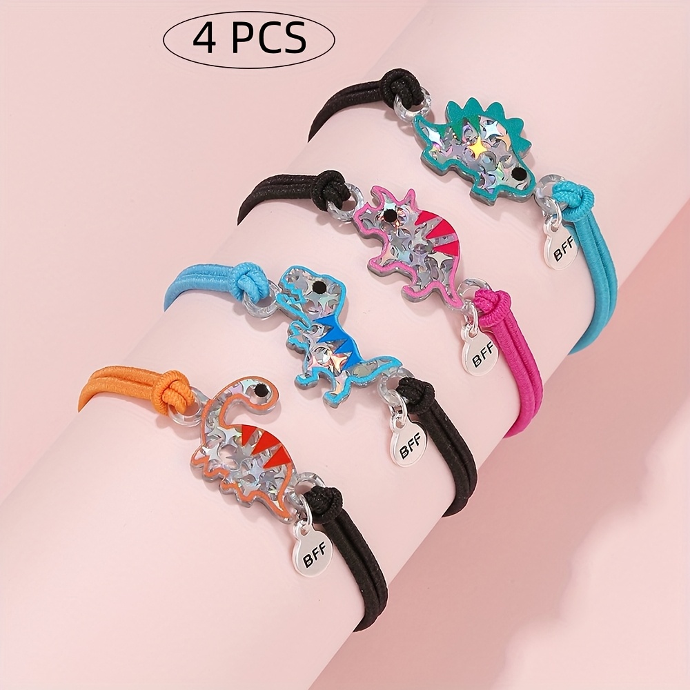 E-shop 4er-Set niedliche BFF-Armbänder für Mädchen mit Dinosaurier-Aufdruck, dehnbar, trendige & kreative Modeaccessoires