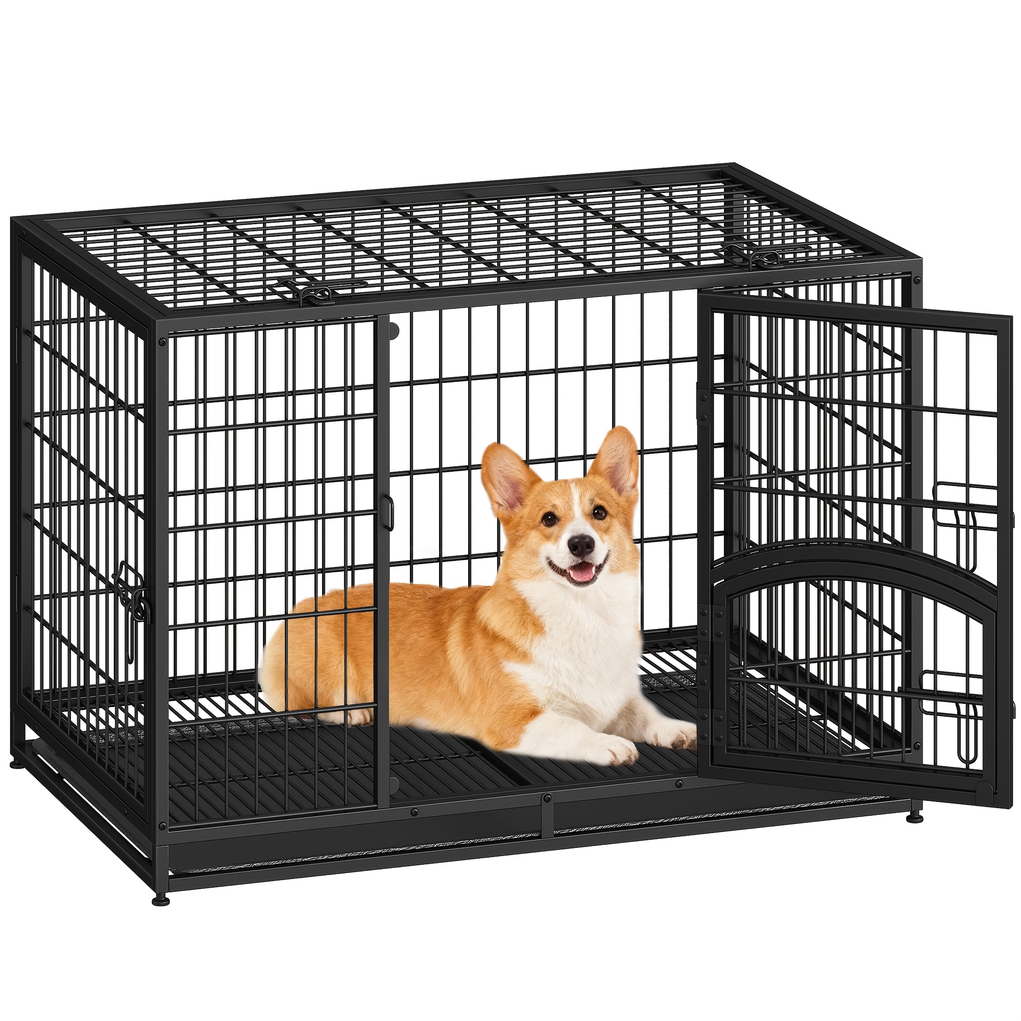 Heavy-duty Dog Crate | Four-door Crate With Side Door And Removable Chassis, Easy To Clean, Large Pet Cage, Household , Black, 57.5 Cm