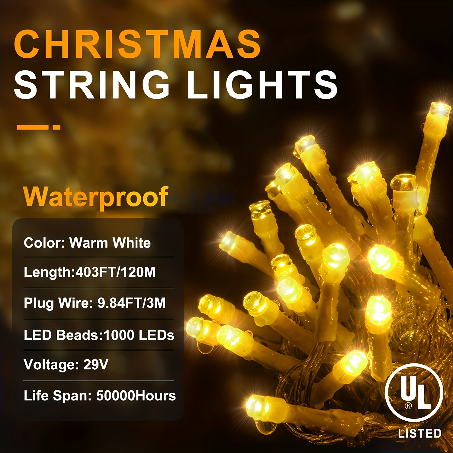 Waterproof Fairy String Lights, 1000 Warm White Lights