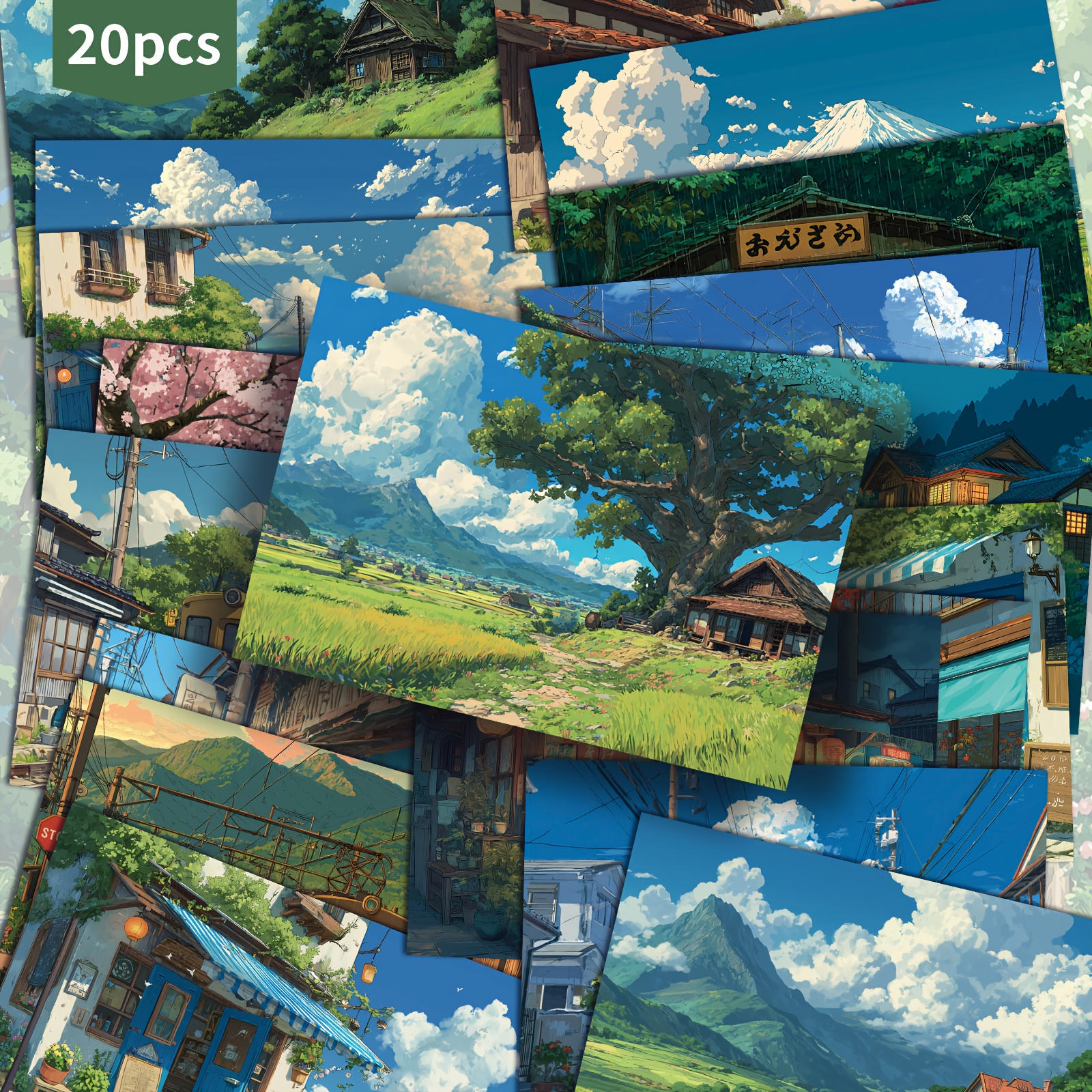 E-shop 20er-Pack Japanische Anime-Landschafts-Postkarten - 4x6 Zoll Vintage -Kunst Briefpapier mit Kirschblüten, ländlichen Japanszenen,