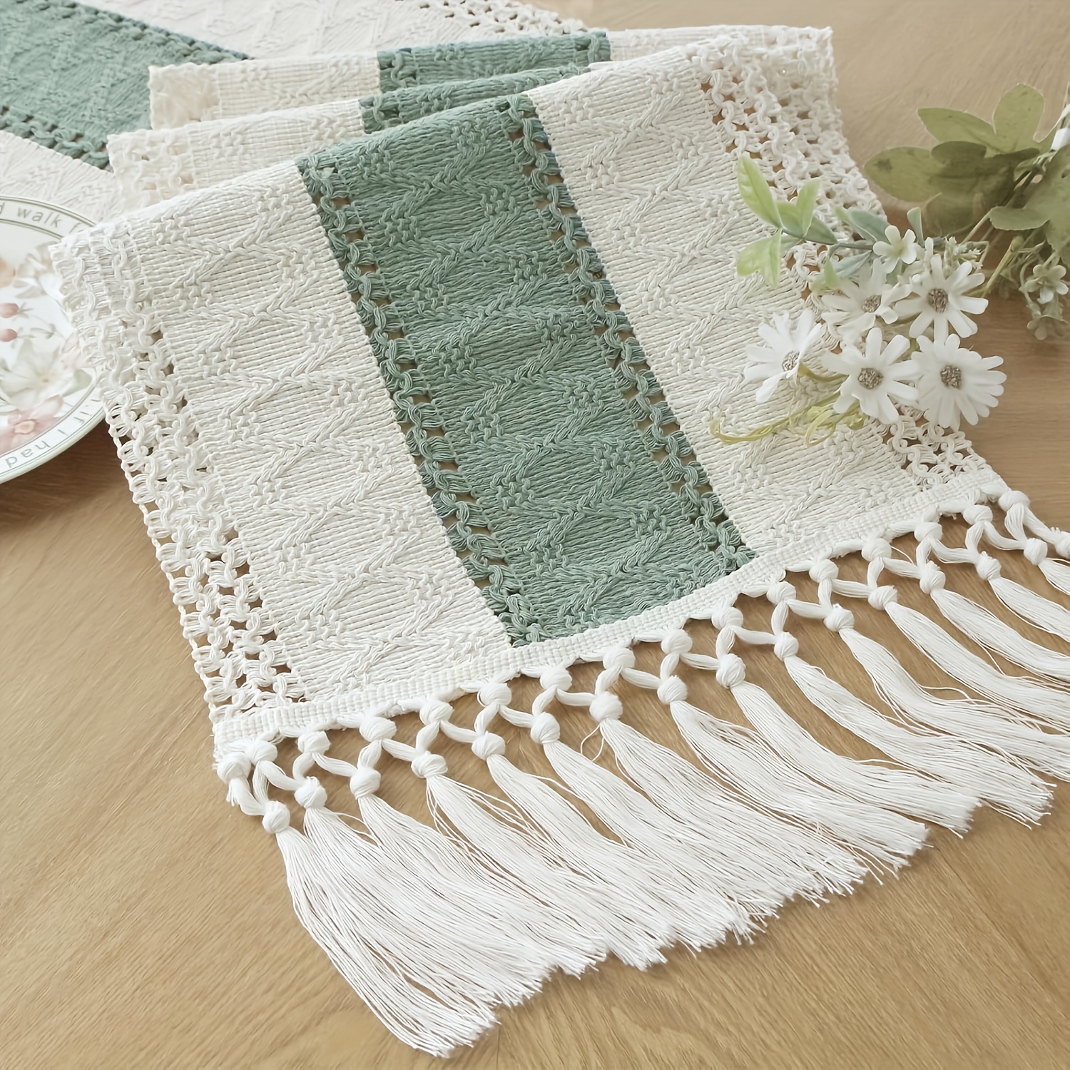 

1pc Boho Macrame Polyester Table Runner With Tassels – 90 Inches Long, Farmhouse Style For Home Decor, Rustic Bridal Shower And Dining Decoration –