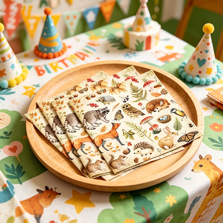 TEMU 30pcs Forest Animal And Flower-themed Napkins, Featuring Watercolor-style And Animal Patterns. Suitable For Outdoor Garden Parties, Birthday