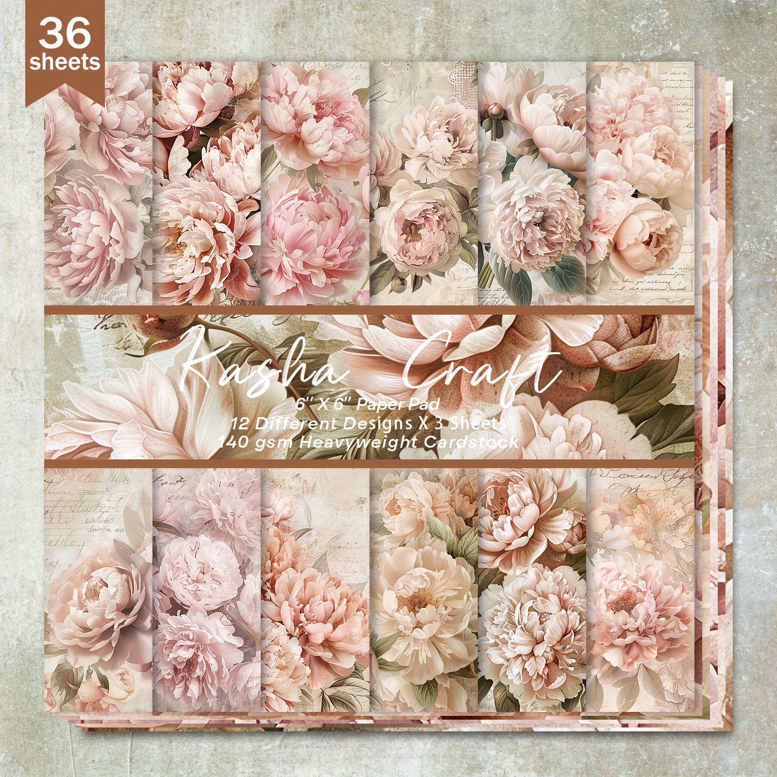 

36-sheet Vintage Peony Floral Scrapbook Paper Pad, 6x6 Inch Decorative Craft Paper For Bullet Journals, Junk Journals, Greeting Cards, Photo Albums & Diy Crafts