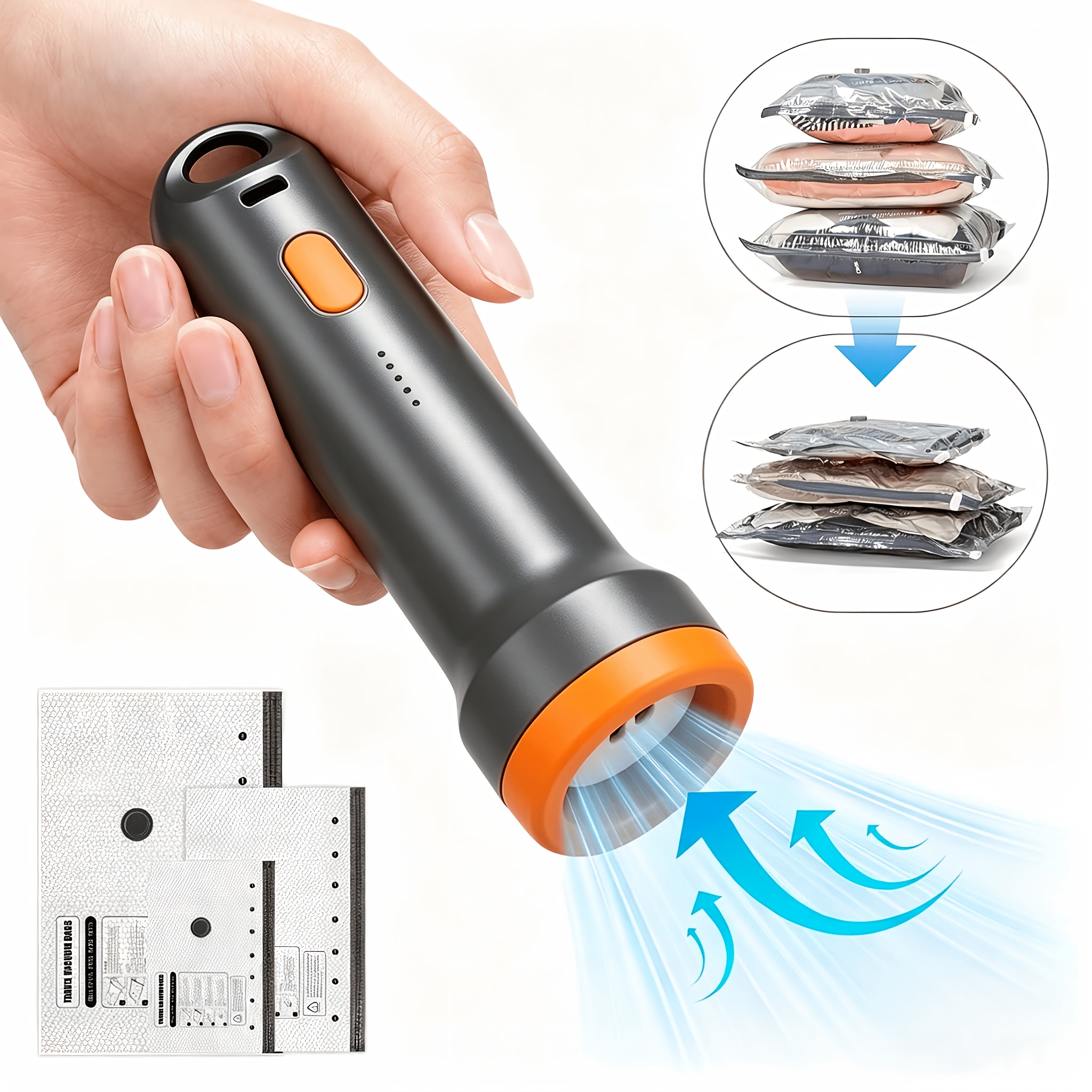 TEMU Rechargeable Handheld Vacuum Pump With 3 Vacuum Storage Bags In 3 Sizes; 25w 2000mah Usb-c Vacuum Sealer; Portable, Space-saving Storage Bags