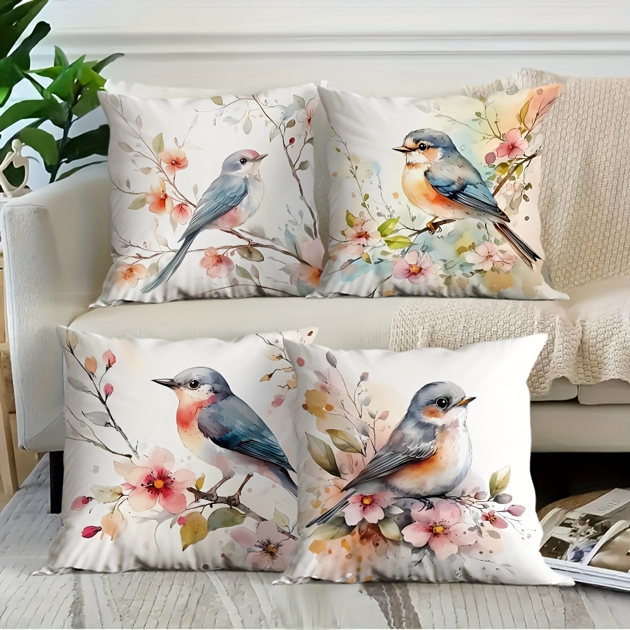 

4pcs Bird Blossom Pillow Case, Country Style, Multiple , Machine Washable With Zipper Closure, Home Decor, Room Decor, Bedroom Decor, Living Room Decor, Multiple Sizes