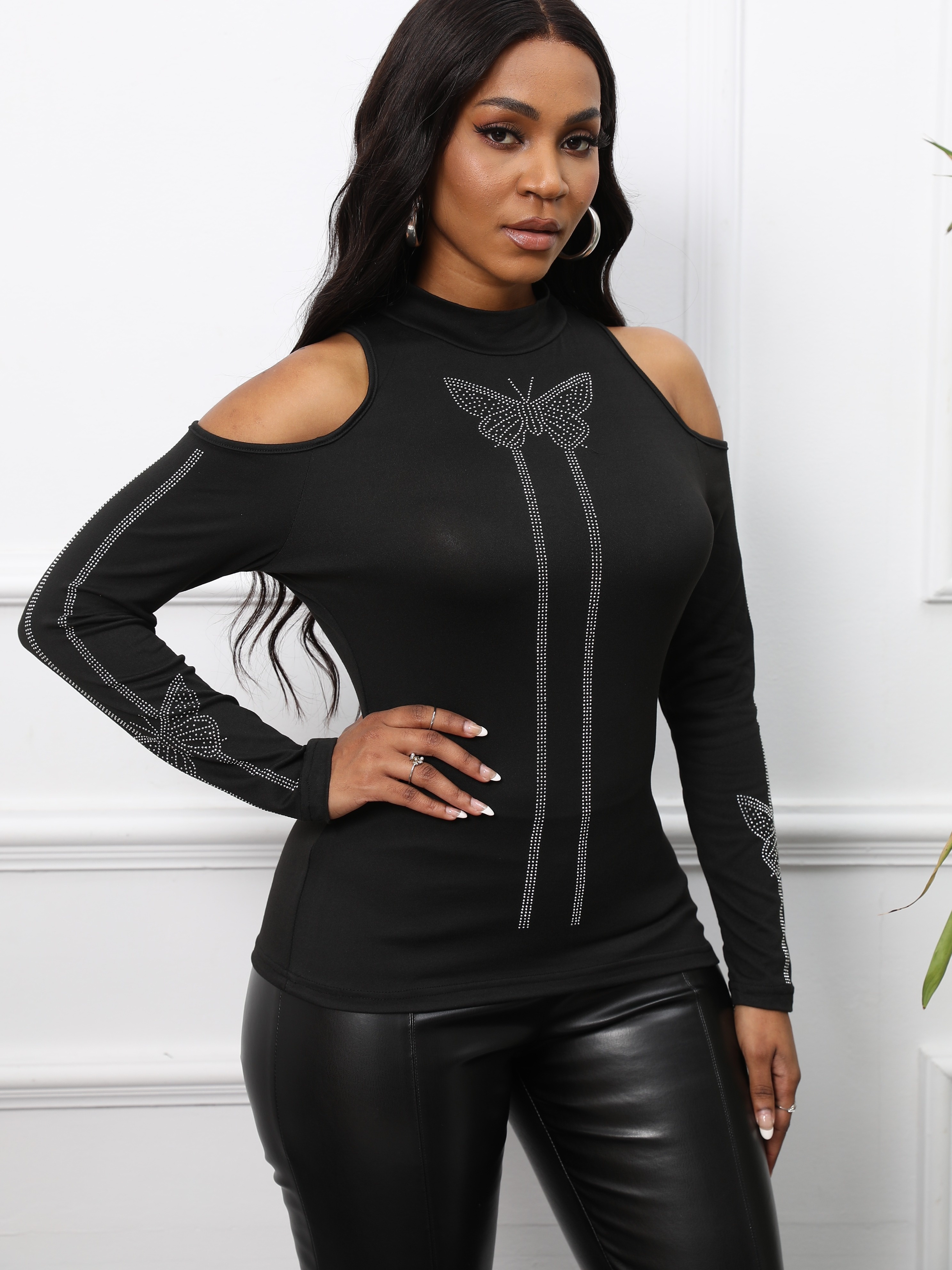 Rhinestone Butterfly Print Mock Neck T-Shirt, Casual Cold Shoulder Long Sleeve Top For Spring & Fall, Women's Clothing