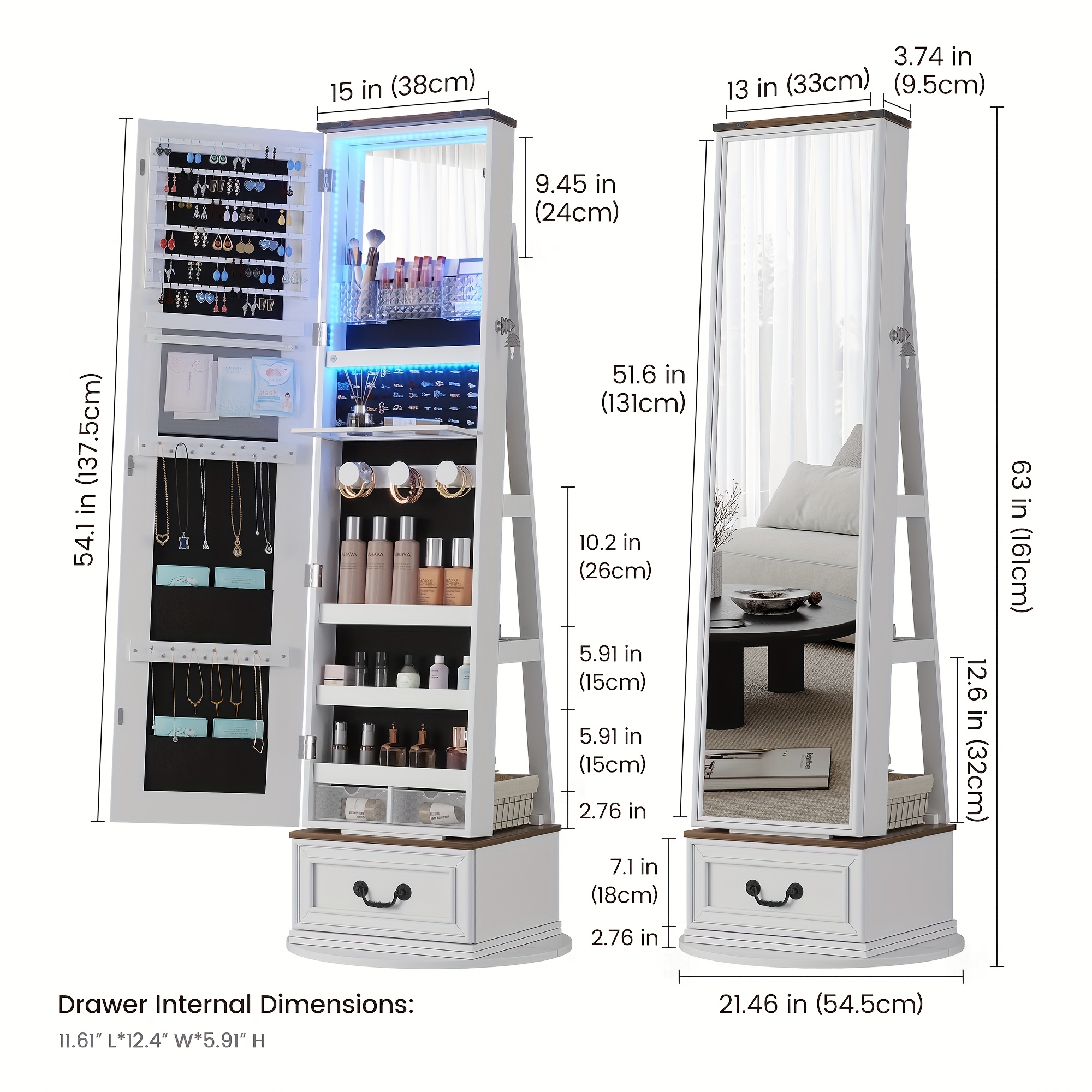 Lockable Vintage-Inspired 360° Swivel Jewelry Mirror Cabinet with Lights - Full Length Organizer with Storage Drawer for Bedroom Decor - Image 6