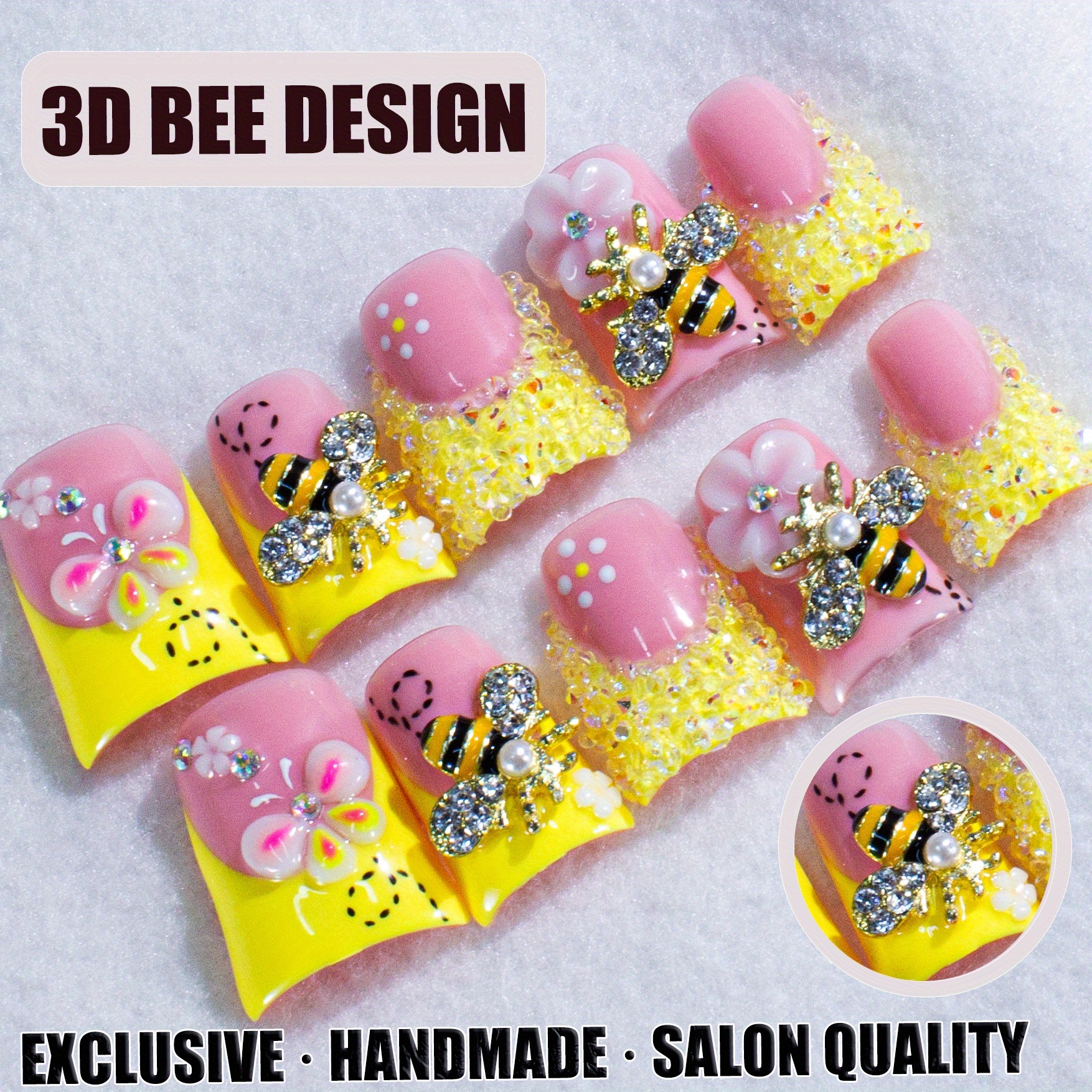 TEMU Butter On Nails Handmade 3d Duck Nails With Rhinestones, Floral Carving And Pearl Bee Charms, Luxury Nail Art For Women And, Spring And Summer Nails