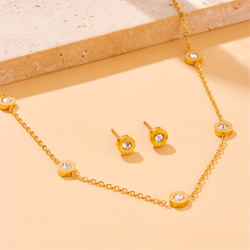 Image of Classic Fashionable Elegant And Exquisite Golden Stainless Steel Necklace Earring Set Is Suitable For Women To Wear Luxurious Niche Simple Round Pendant And Earring Set With Roman Perfect As A Gift