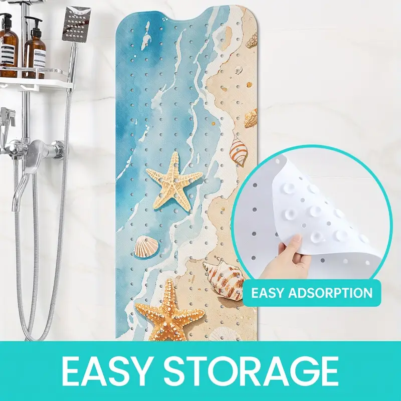 1pc beach print non slip shower mat pvc bath mat with ocean waves seashells design blue white bathroom bathtub and shower safety bathtub mat Product details 5
