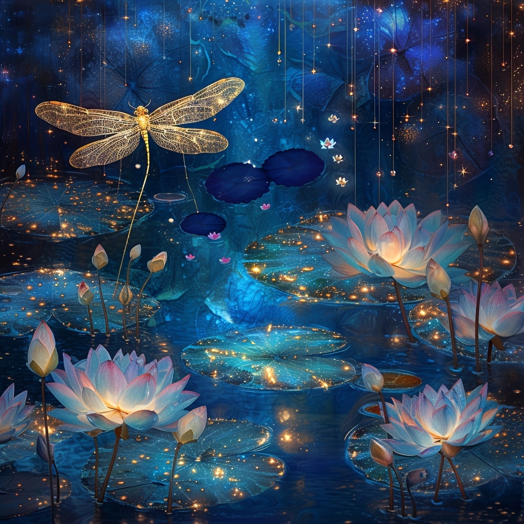 

1pc Large Size 40x40cm/15.7x15.7in Without Frame Diy 5d Artificial Diamond Art Painting Lotus And Dragonfly, Full Rhinestone Painting, Diamond Art Embroidery Kits, Handmade Home Room Office Wall Decor