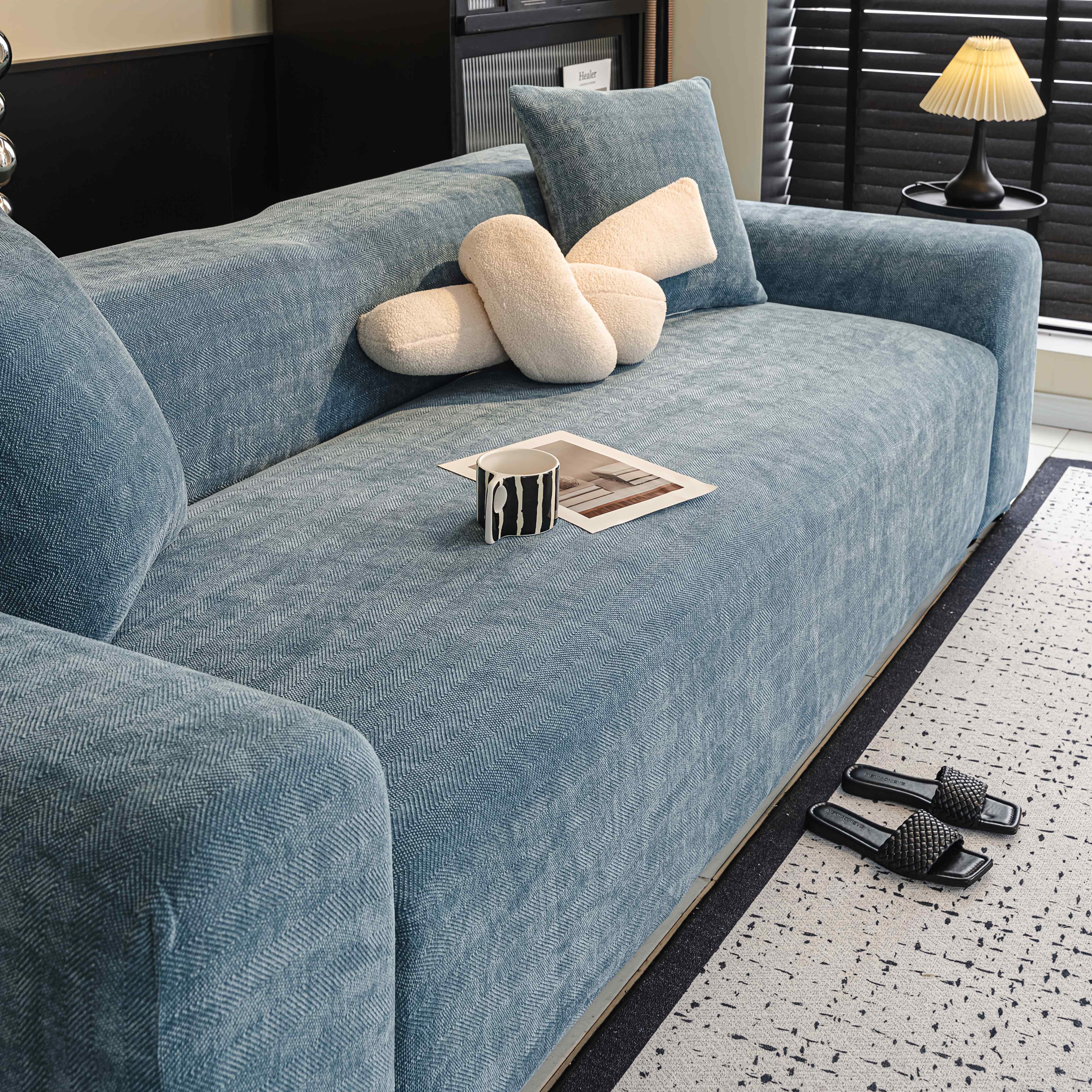 TEMU 1pc High-elastic Sofa Cover 360° Full Wrap Design Solid Color Retro Chenille Skin-friendly Herringbone Stretch Furniture Protector Easy Solid