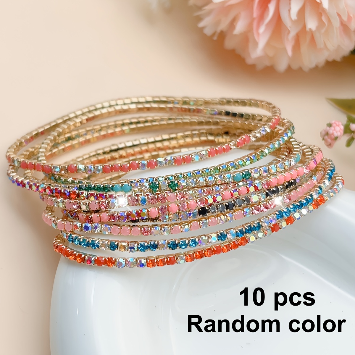 E-shop 10 Stück Ultra-Dünne Strassbesetzte Bunte Glitzernde Dehnbare Stapelbare Damenarmband Mode Tennisarmband Geschenk für Partys, Urlaub, Feiertage,