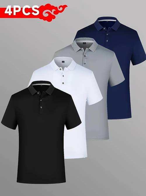 breathable shirt 4pcs breathable mens summer short sleeve shirt regular fit casual golf sports wear with button up collar solid color black white navy 140gsm knit fabric